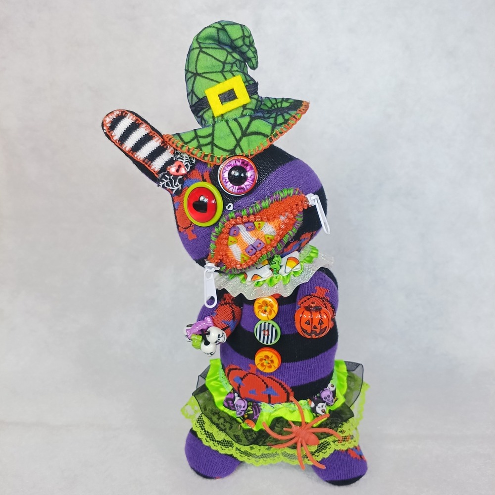 Handmade Halloween Bunny Rabbit Doll Witch Purple Primitive Folk Art Horror